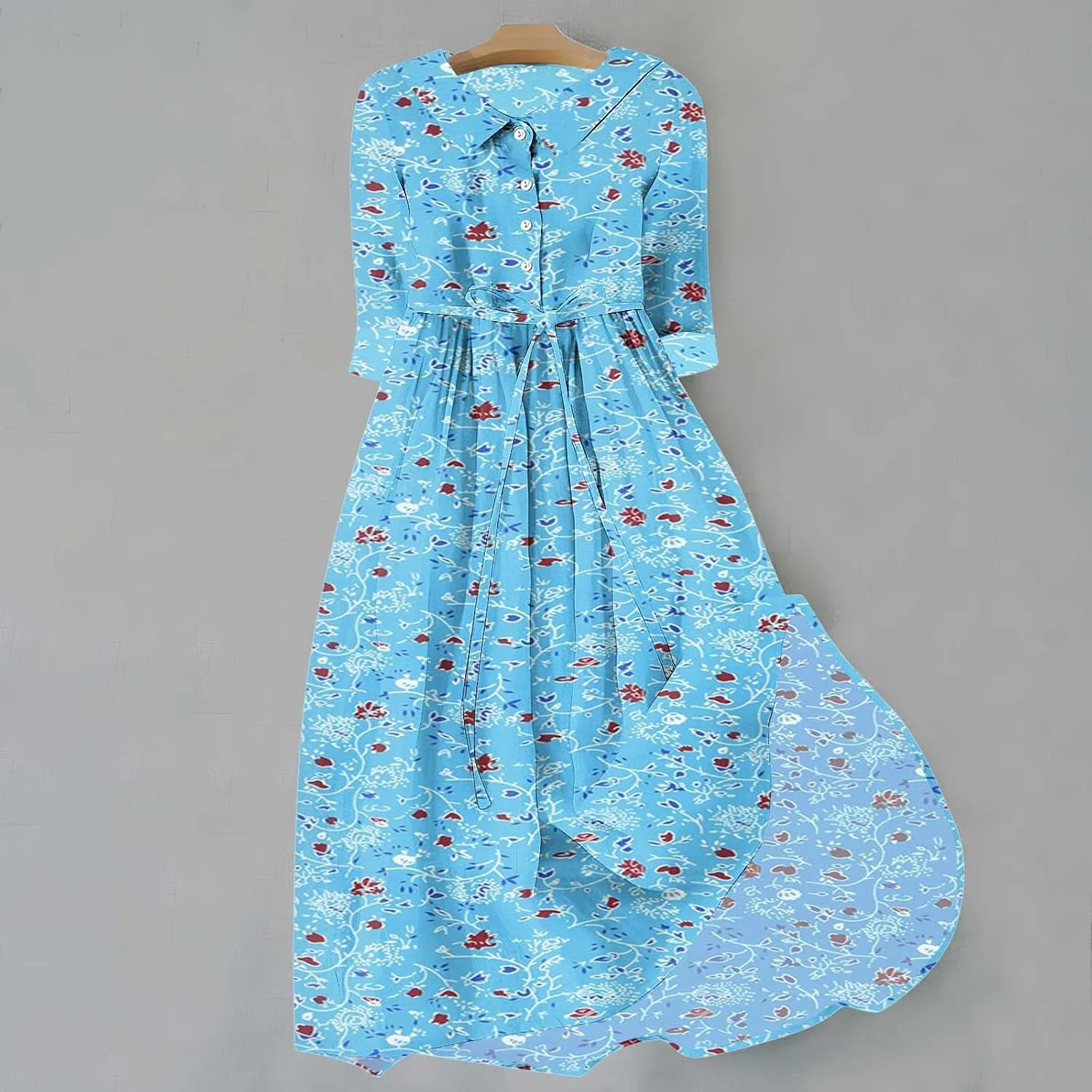 Fashion Women Summer Long Dresses Casual Floral Print 3/4 Sleeve Sundress Button Collar Swing Pleated Beach Dress