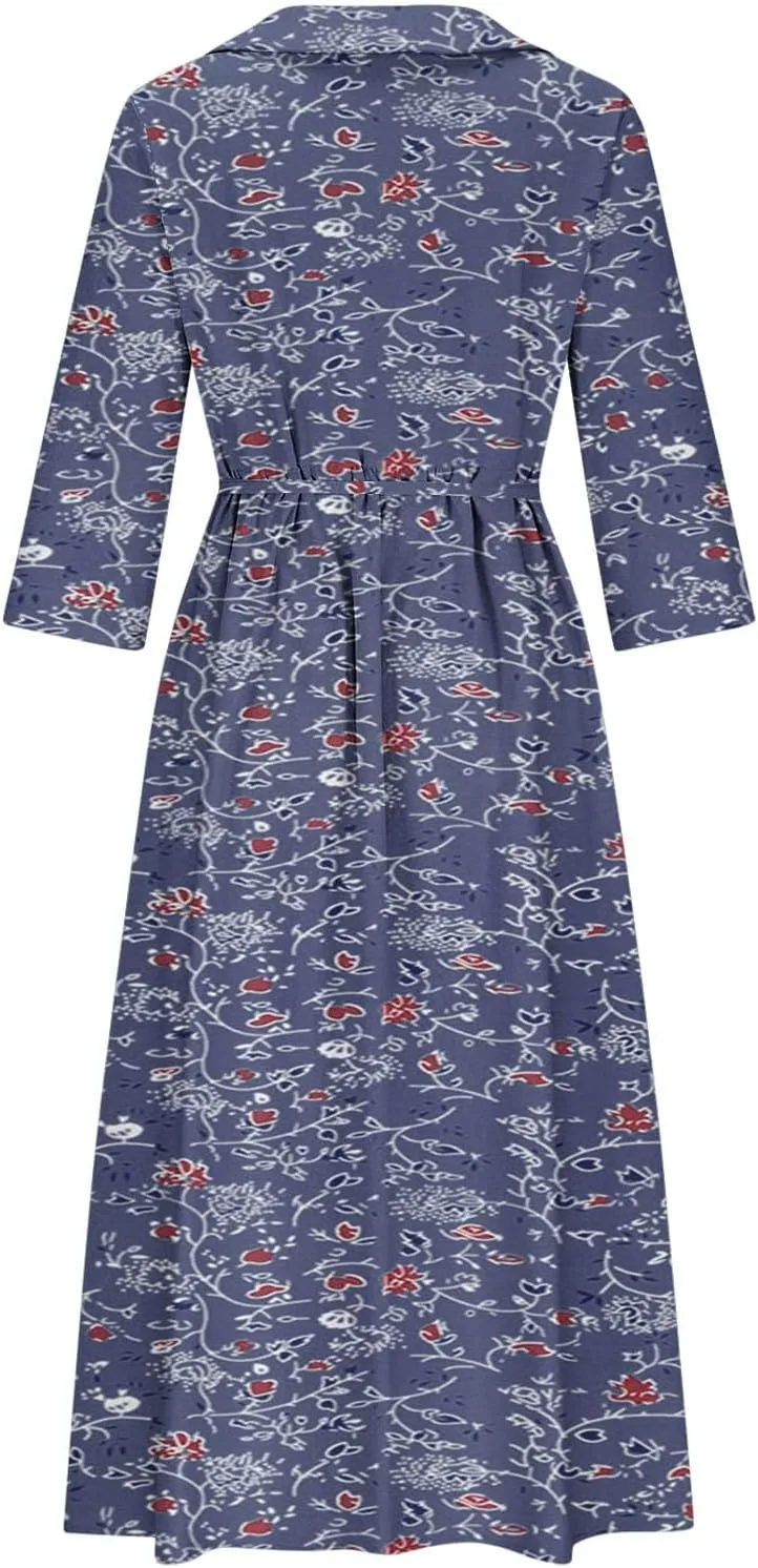 Fashion Women Summer Long Dresses Casual Floral Print 3/4 Sleeve Sundress Button Collar Swing Pleated Beach Dress