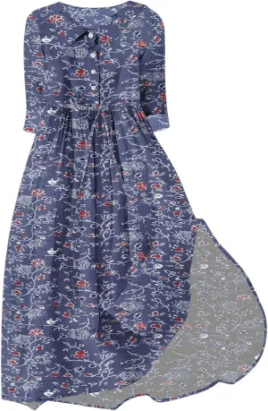 Fashion Women Summer Long Dresses Casual Floral Print 3/4 Sleeve Sundress Button Collar Swing Pleated Beach Dress