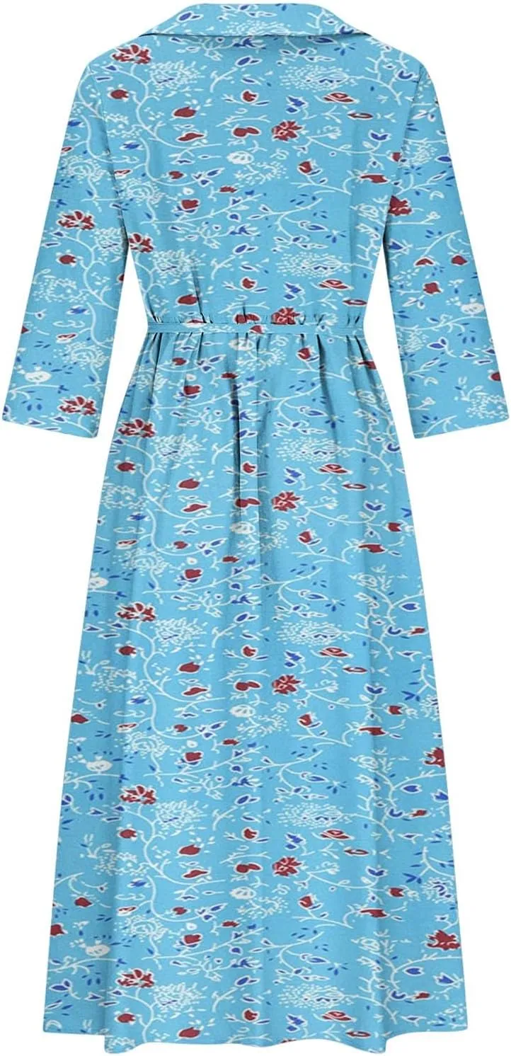 Fashion Women Summer Long Dresses Casual Floral Print 3/4 Sleeve Sundress Button Collar Swing Pleated Beach Dress
