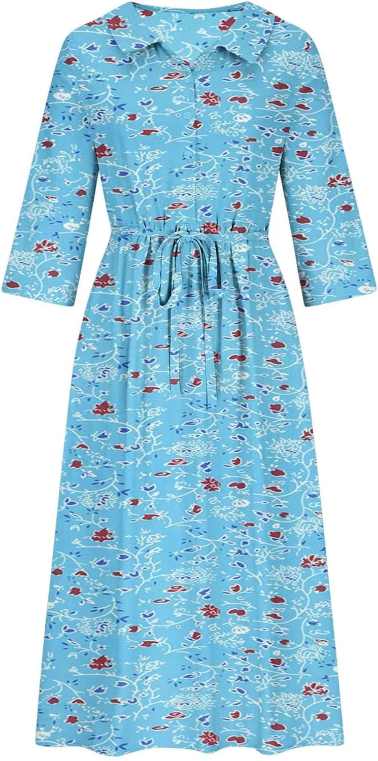 Fashion Women Summer Long Dresses Casual Floral Print 3/4 Sleeve Sundress Button Collar Swing Pleated Beach Dress