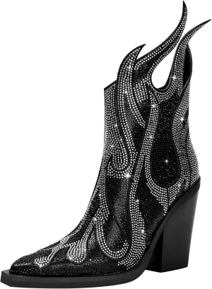 Feinlina Women's Rhinestone Flame Pointed Toe Block Chunky Heeled Boots Fashion Sparkly Cowboy Ankle Booties