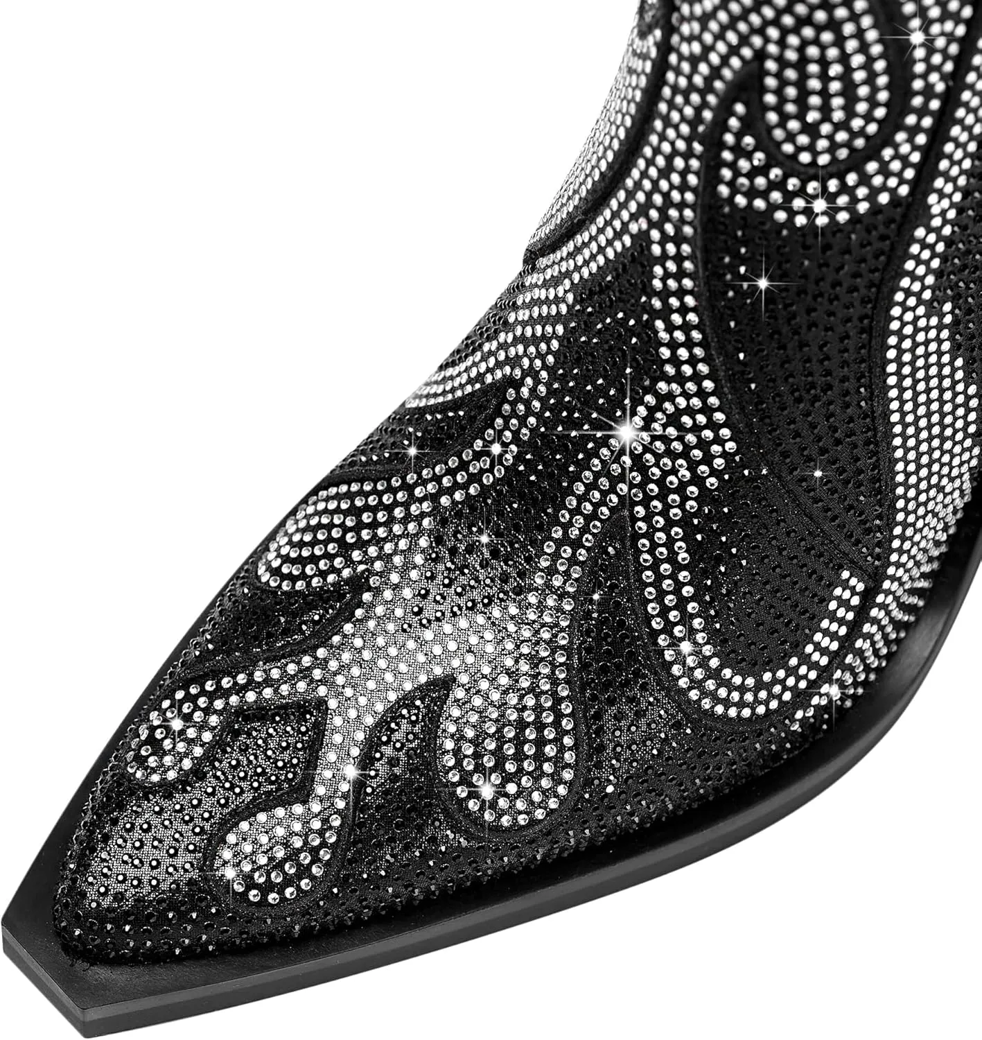 Feinlina Women's Rhinestone Flame Pointed Toe Block Chunky Heeled Boots Fashion Sparkly Cowboy Ankle Booties