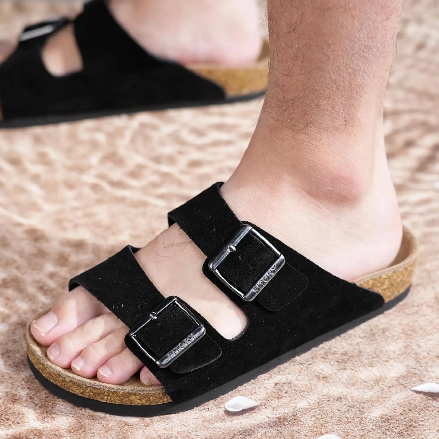 FITORY Mens Leather Sandals with Arch Support, Open Toe Slides Adjustable Buckles for Summer Size 7-13
