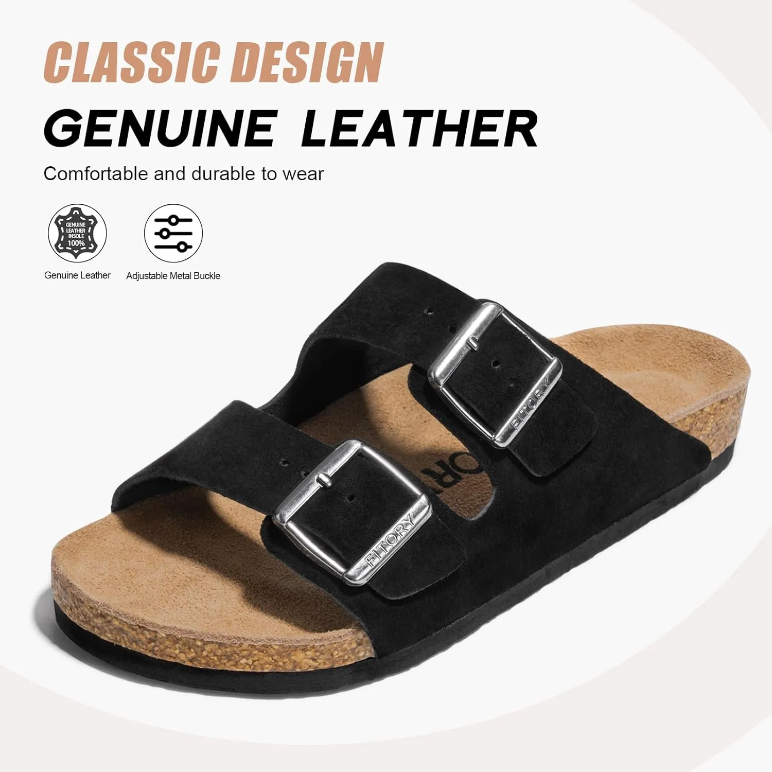 FITORY Mens Leather Sandals with Arch Support, Open Toe Slides Adjustable Buckles for Summer Size 7-13