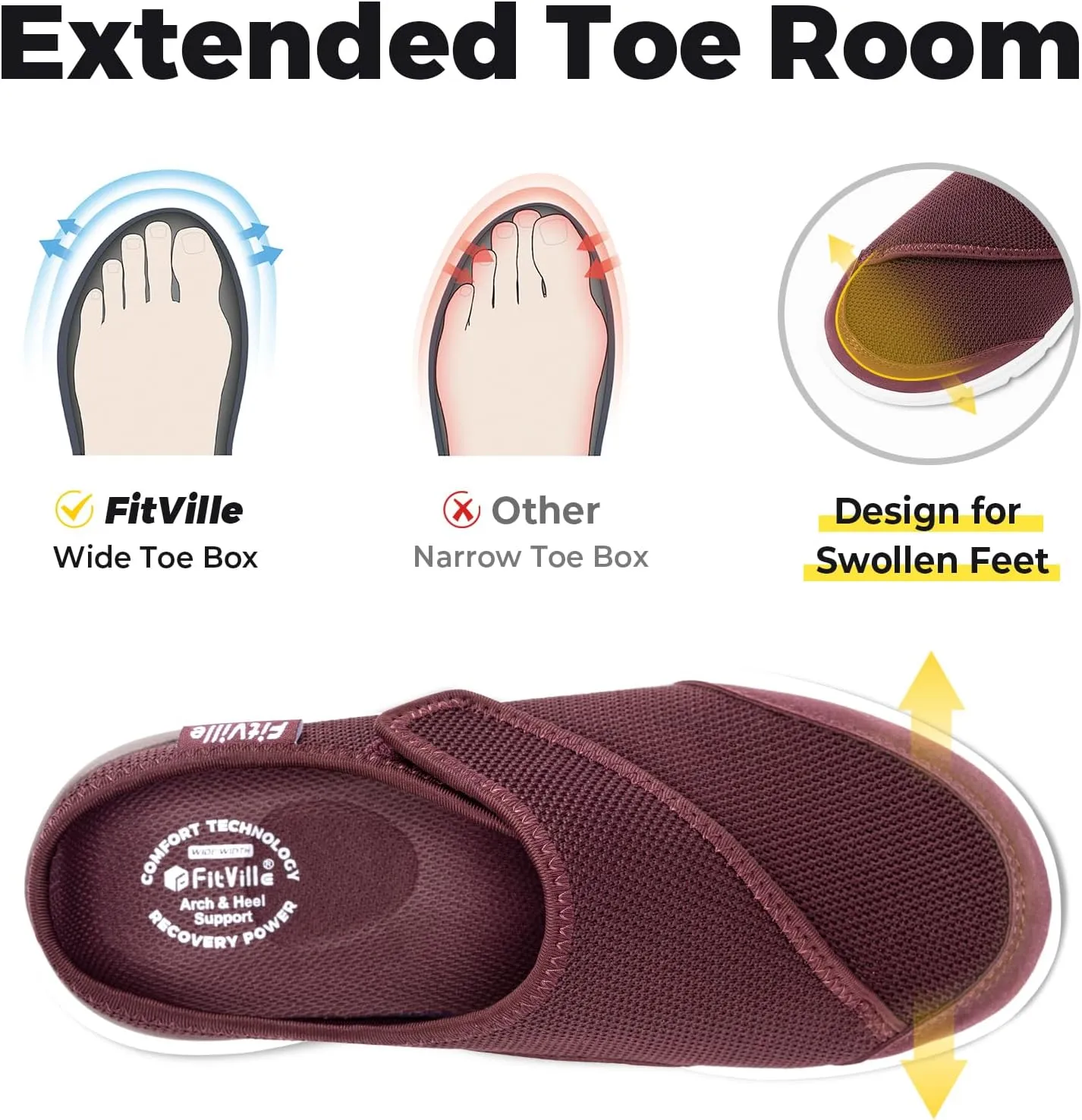 FitVille Women's Slippers Slip on Mules Clogs, Adjustable Closure Diabetic Walking Shoes for Women Extra Wide Width for Swollen Feet Plantar Fasciitis Indoors Outdoors
