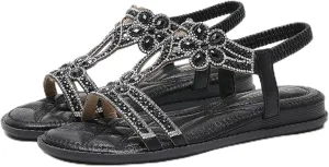 Flat Women Sandals Comfortable Breathable Non Slip Flat Sandals Casual Summer Beach Shoes Ladies Sparkling Rhinestone Bling Wedding Shoes for Summer Wedding