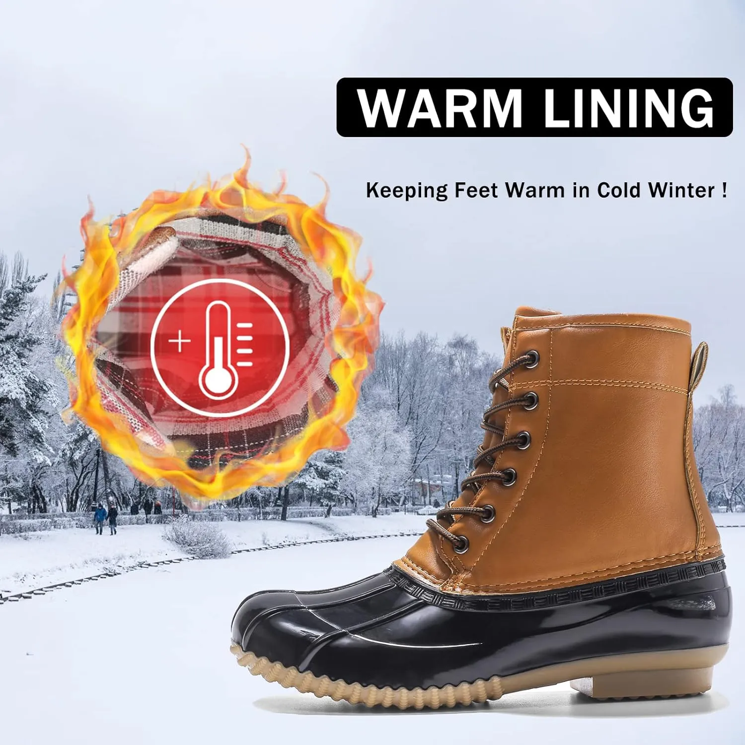 FLIOZY Women's Duck Boots Lace-Up Waterproof Snow Boots Mid-Calf Winter Boots Two Tone Rain Rubber Rain Boots
