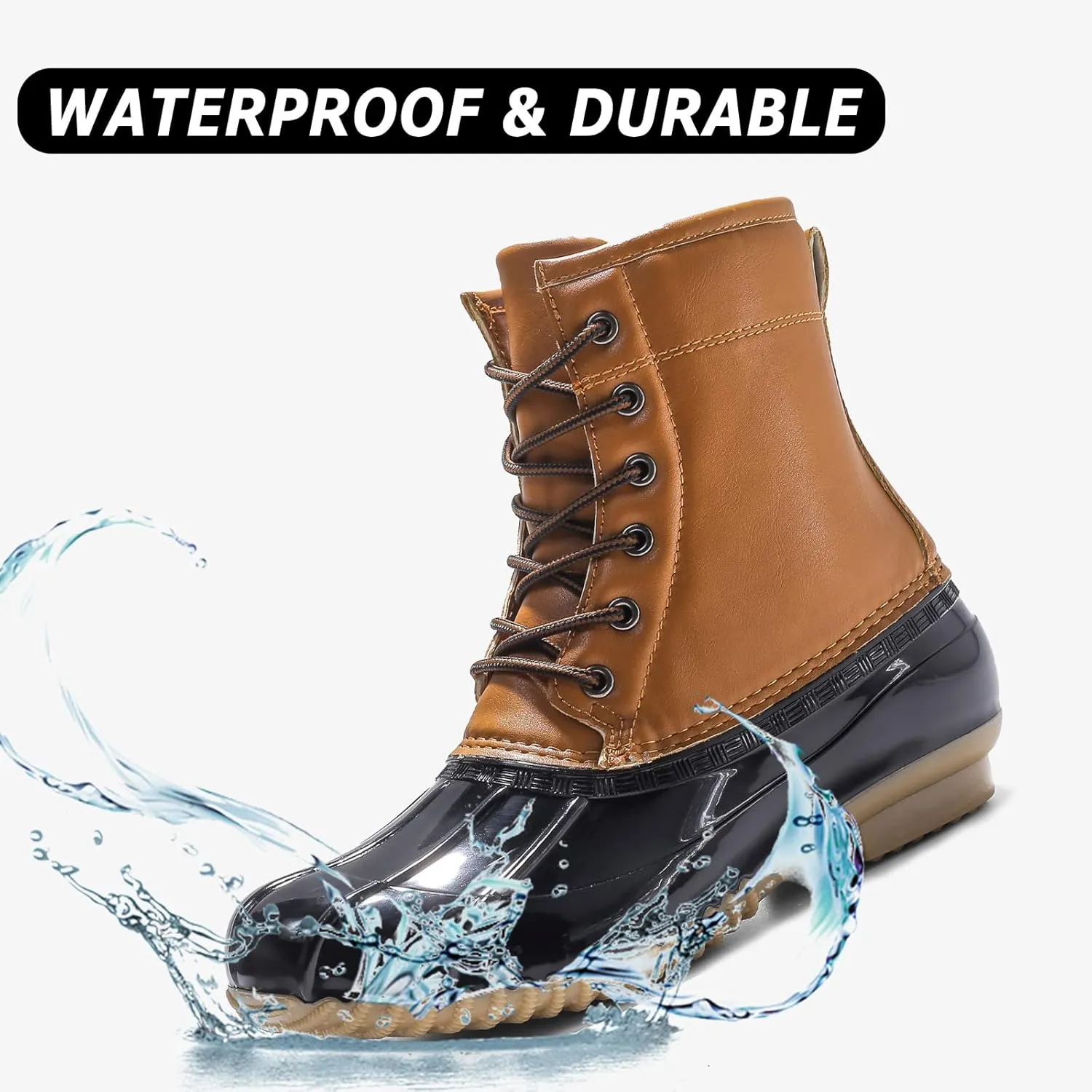 FLIOZY Women's Duck Boots Lace-Up Waterproof Snow Boots Mid-Calf Winter Boots Two Tone Rain Rubber Rain Boots