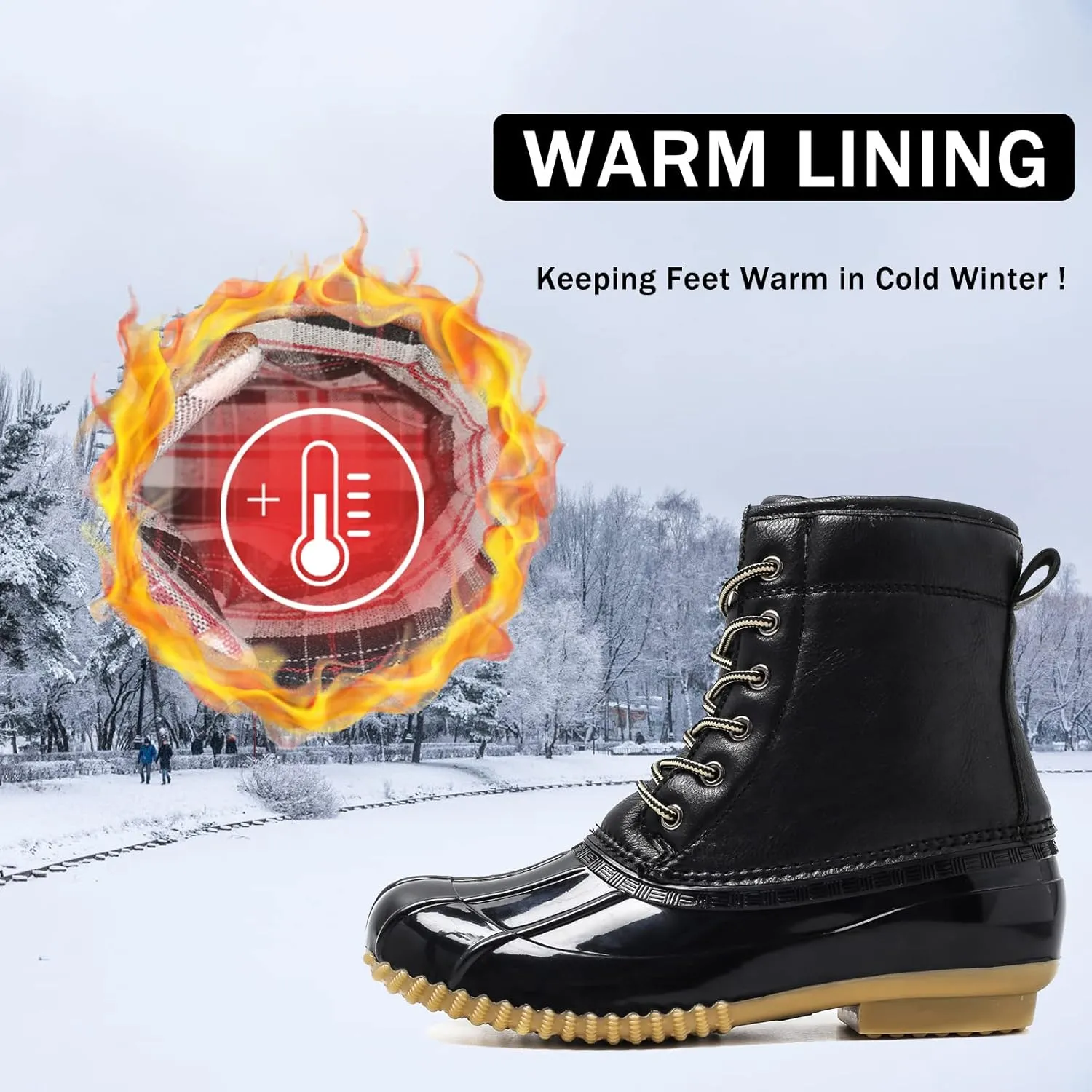 FLIOZY Women's Duck Boots Lace-Up Waterproof Snow Boots Mid-Calf Winter Boots Two Tone Rain Rubber Rain Boots