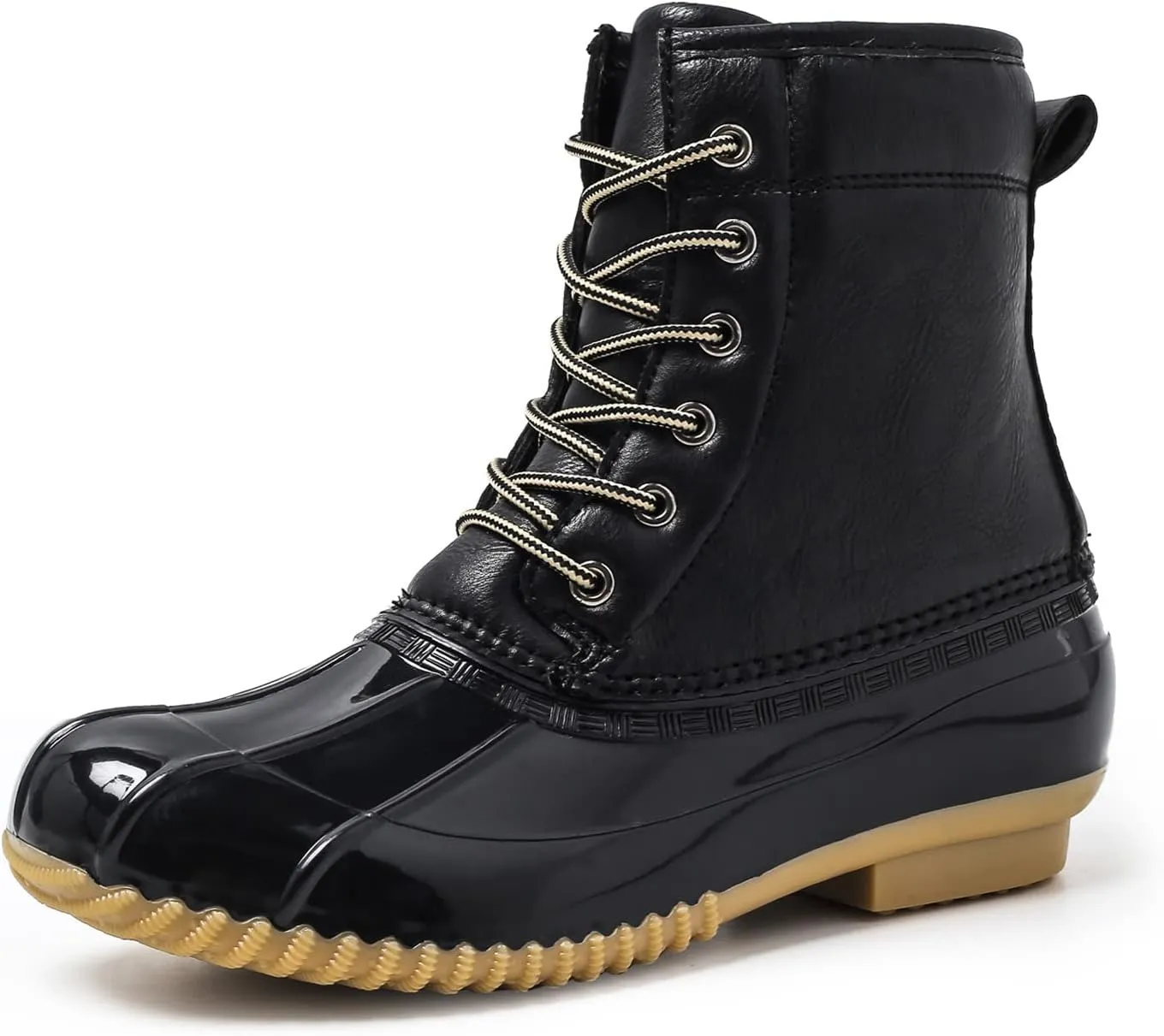 FLIOZY Women's Duck Boots Lace-Up Waterproof Snow Boots Mid-Calf Winter Boots Two Tone Rain Rubber Rain Boots