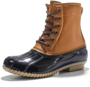 FLIOZY Women's Duck Boots Lace-Up Waterproof Snow Boots Mid-Calf Winter Boots Two Tone Rain Rubber Rain Boots