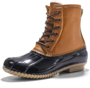 FLIOZY Women's Duck Boots Lace-Up Waterproof Snow Boots Mid-Calf Winter Boots Two Tone Rain Rubber Rain Boots