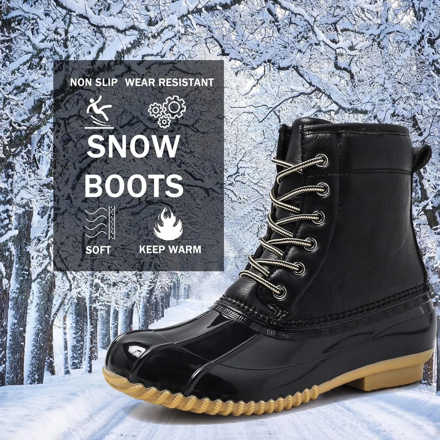 FLIOZY Women's Duck Boots Lace-Up Waterproof Snow Boots Mid-Calf Winter Boots Two Tone Rain Rubber Rain Boots
