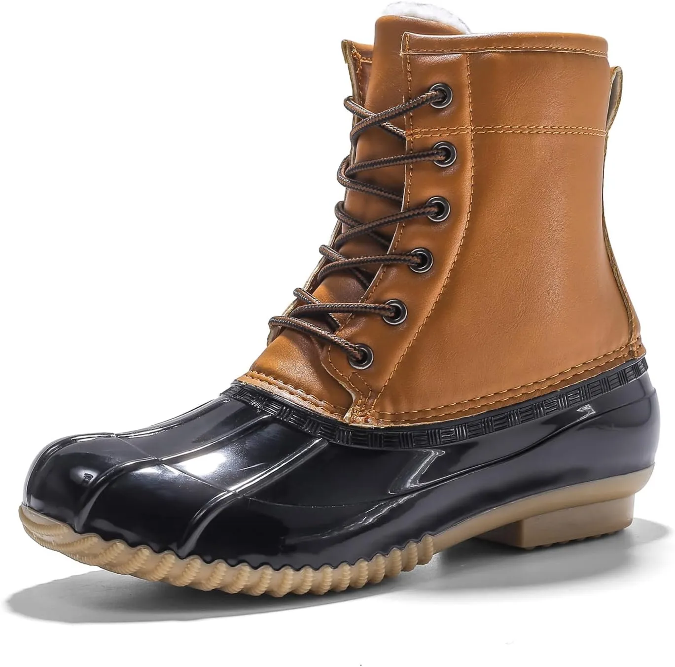 FLIOZY Women's Duck Boots Lace-Up Waterproof Snow Boots Mid-Calf Winter Boots Two Tone Rain Rubber Rain Boots
