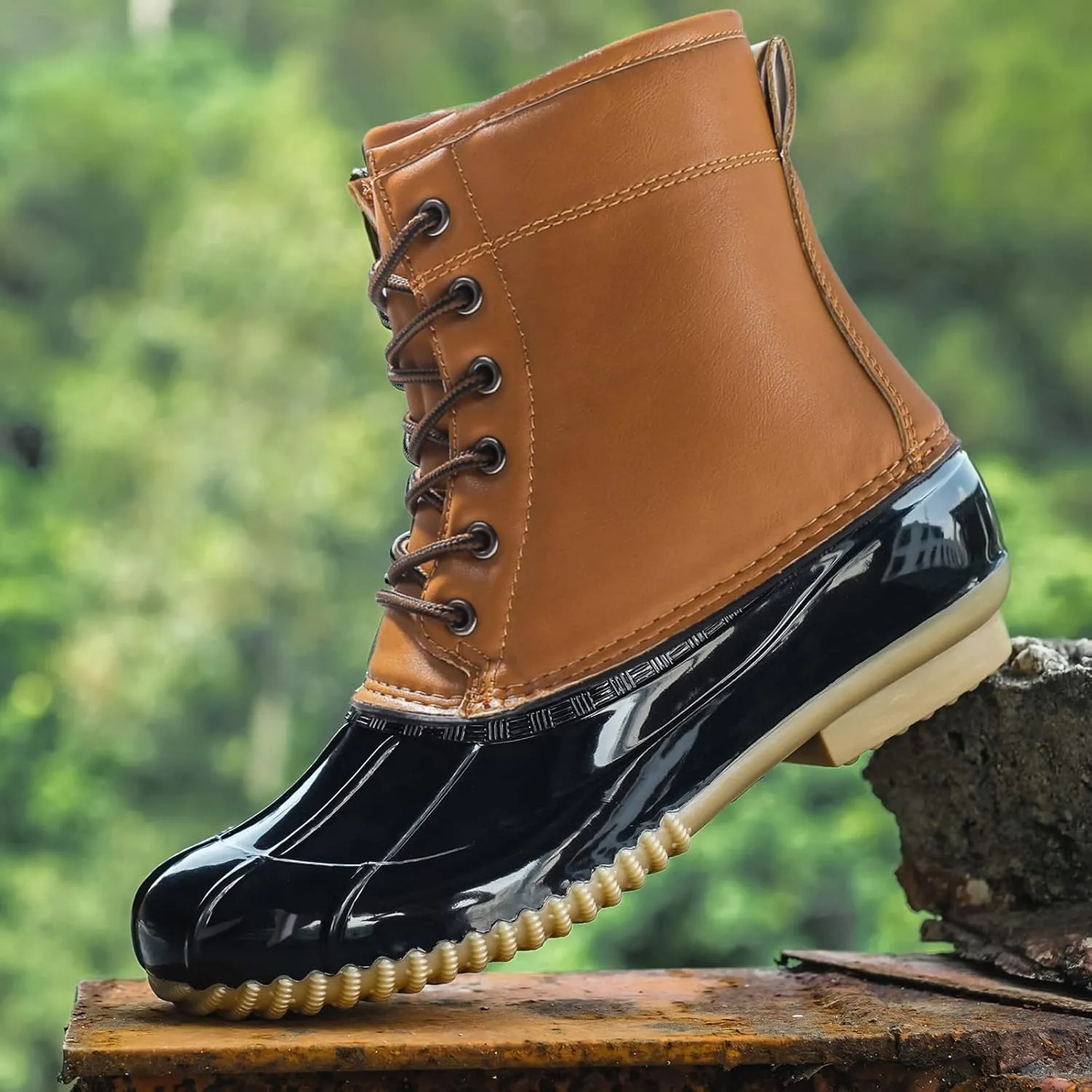 FLIOZY Women's Duck Boots Lace-Up Waterproof Snow Boots Mid-Calf Winter Boots Two Tone Rain Rubber Rain Boots