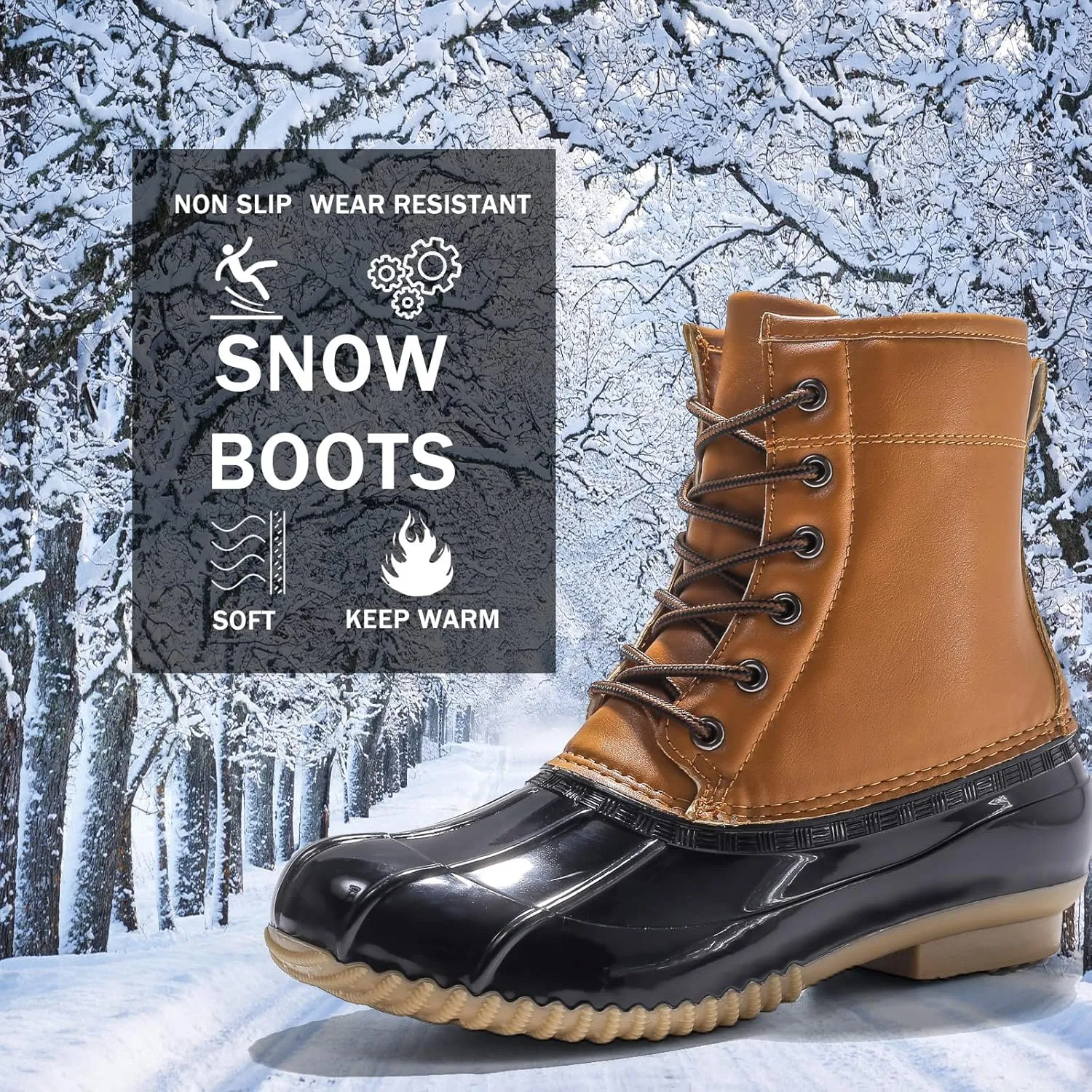 FLIOZY Women's Duck Boots Lace-Up Waterproof Snow Boots Mid-Calf Winter Boots Two Tone Rain Rubber Rain Boots