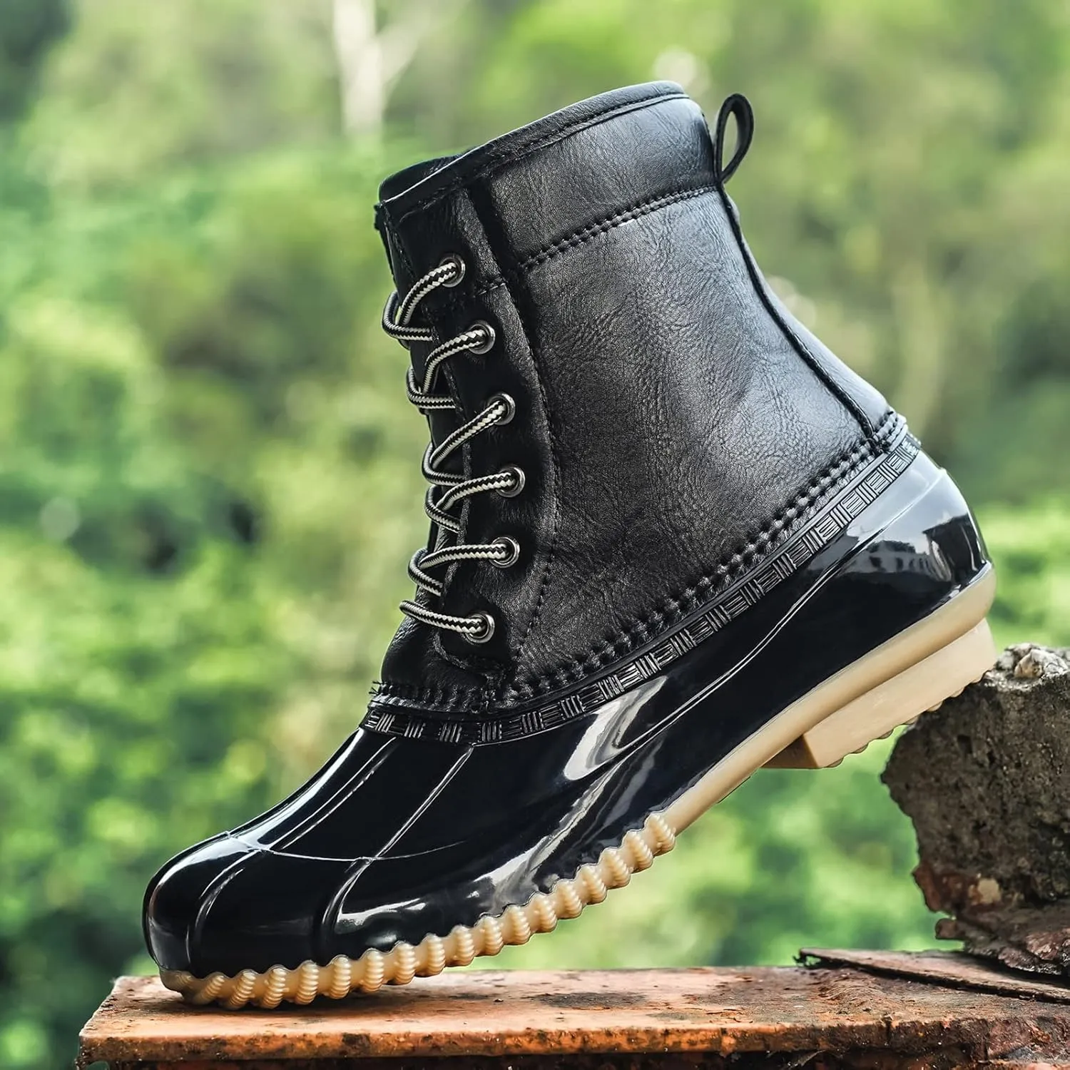 FLIOZY Women's Duck Boots Lace-Up Waterproof Snow Boots Mid-Calf Winter Boots Two Tone Rain Rubber Rain Boots