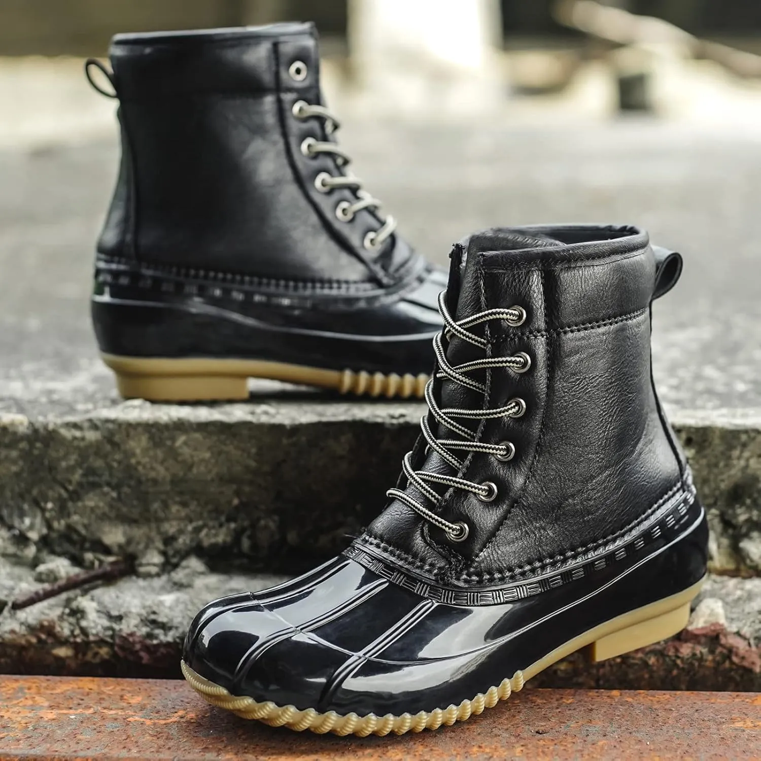 FLIOZY Women's Duck Boots Lace-Up Waterproof Snow Boots Mid-Calf Winter Boots Two Tone Rain Rubber Rain Boots