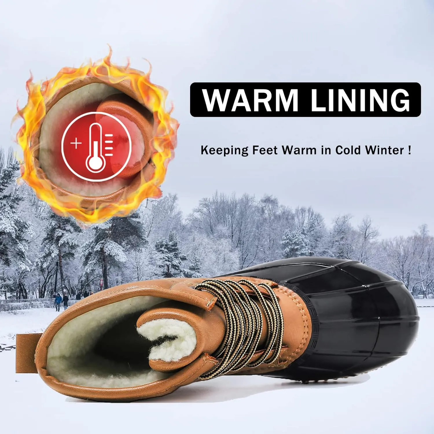FLIOZY Women's Duck Boots Lace-Up Waterproof Snow Boots Mid-Calf Winter Boots Two Tone Rain Rubber Rain Boots