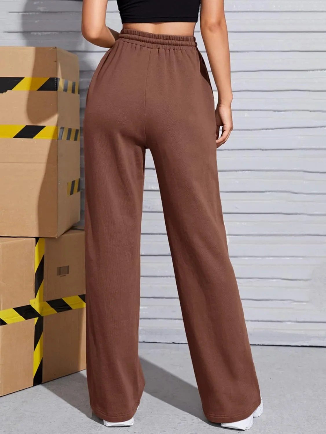 Floerns Women's Causal Drawstring High Waist Baggy Straight Wide Leg Sweatpants with Pockets
