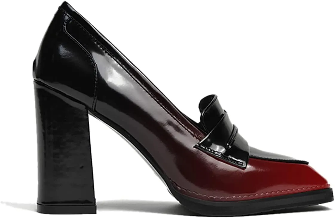 FOWT Dressy High Block Heels Loafers for Women Classical Square Toe Pumps Comfortable Slip On Walking Shoes School Uniform Goth Oxfords US Size 4-16 M