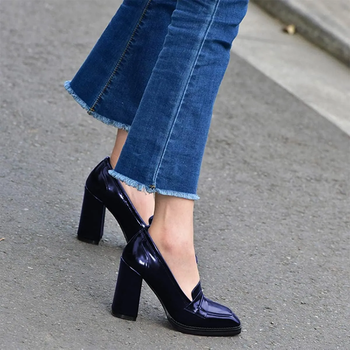FOWT Dressy High Block Heels Loafers for Women Classical Square Toe Pumps Comfortable Slip On Walking Shoes School Uniform Goth Oxfords US Size 4-16 M
