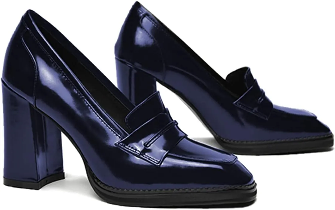 FOWT Dressy High Block Heels Loafers for Women Classical Square Toe Pumps Comfortable Slip On Walking Shoes School Uniform Goth Oxfords US Size 4-16 M
