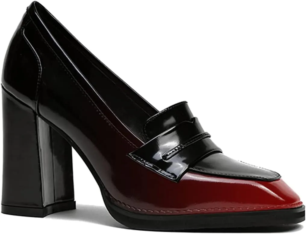 FOWT Dressy High Block Heels Loafers for Women Classical Square Toe Pumps Comfortable Slip On Walking Shoes School Uniform Goth Oxfords US Size 4-16 M