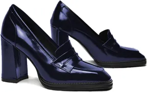 FOWT Dressy High Block Heels Loafers for Women Classical Square Toe Pumps Comfortable Slip On Walking Shoes School Uniform Goth Oxfords US Size 4-16 M