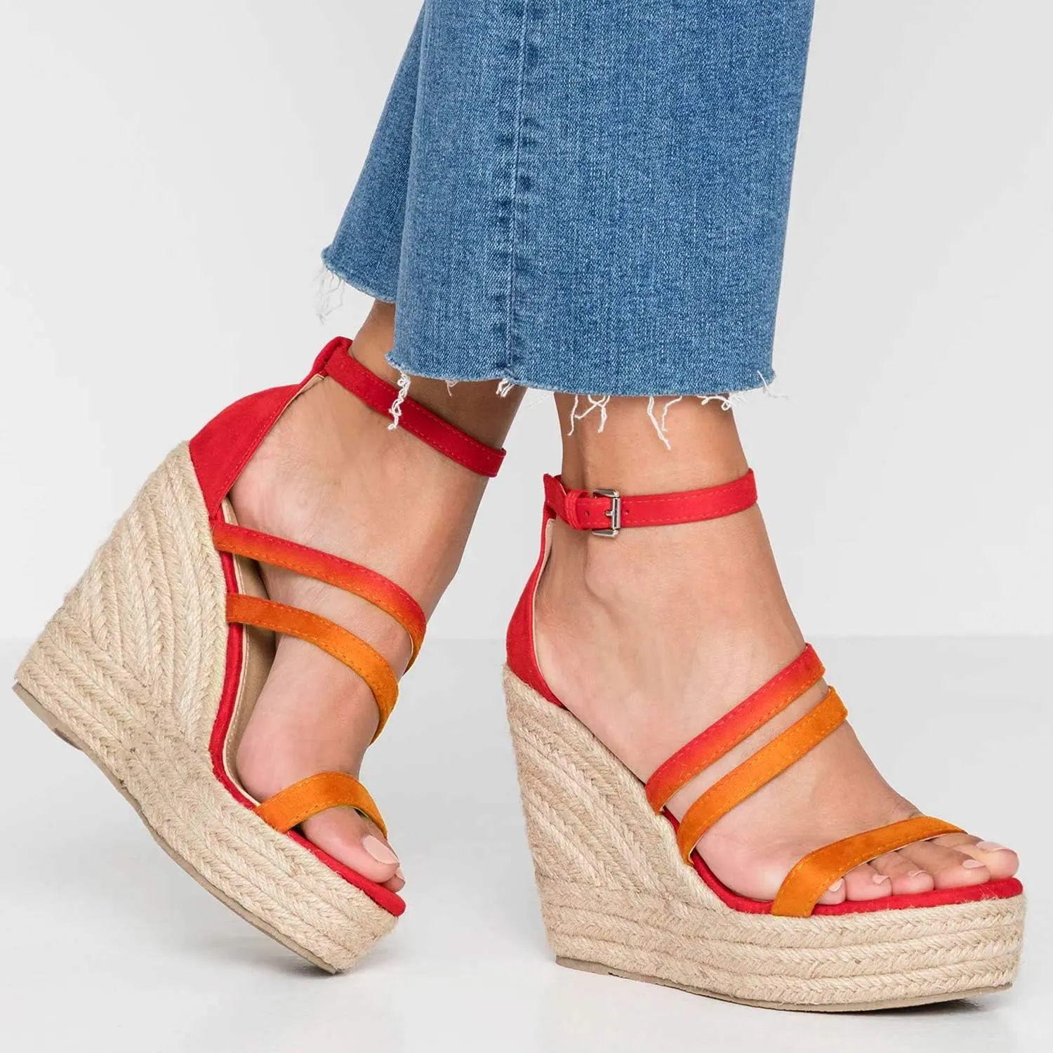 FOWT Fashion Leopard Print Platform Espadrille Wedge Sandals for Women Summer Chic Two Tone Buckle Strap Open Toe Two Pieces High Heel Casual Shoes, Black Size 4-16 M