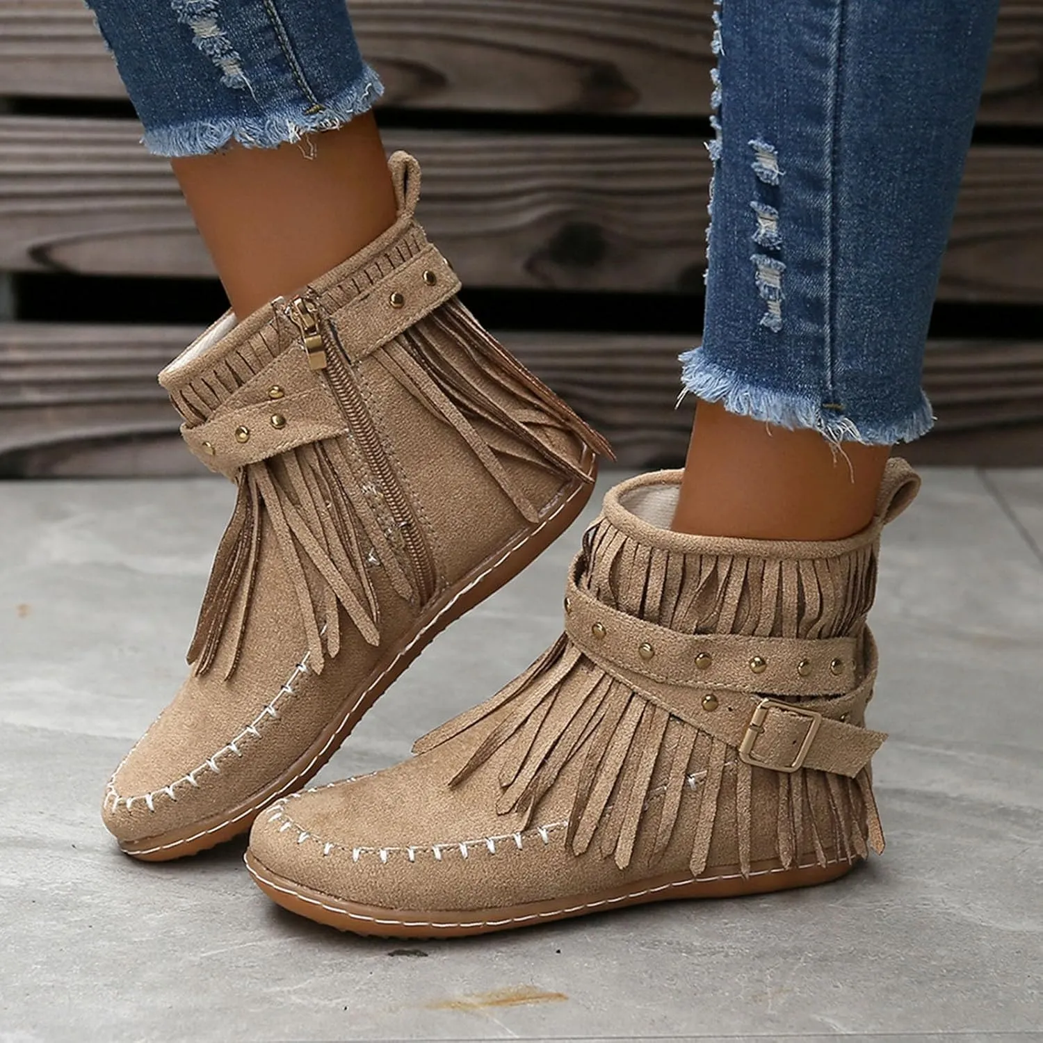 Fringe Boots Women Ankle Cowboy Boots Suede Flat Tassel Boots Side Zipper Moccasin Boots Short Western Boots
