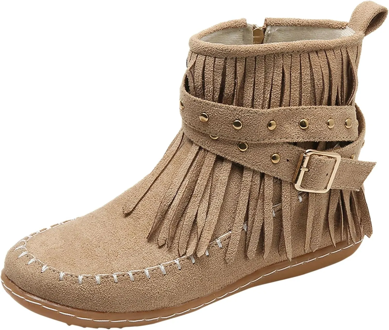 Fringe Boots Women Ankle Cowboy Boots Suede Flat Tassel Boots Side Zipper Moccasin Boots Short Western Boots