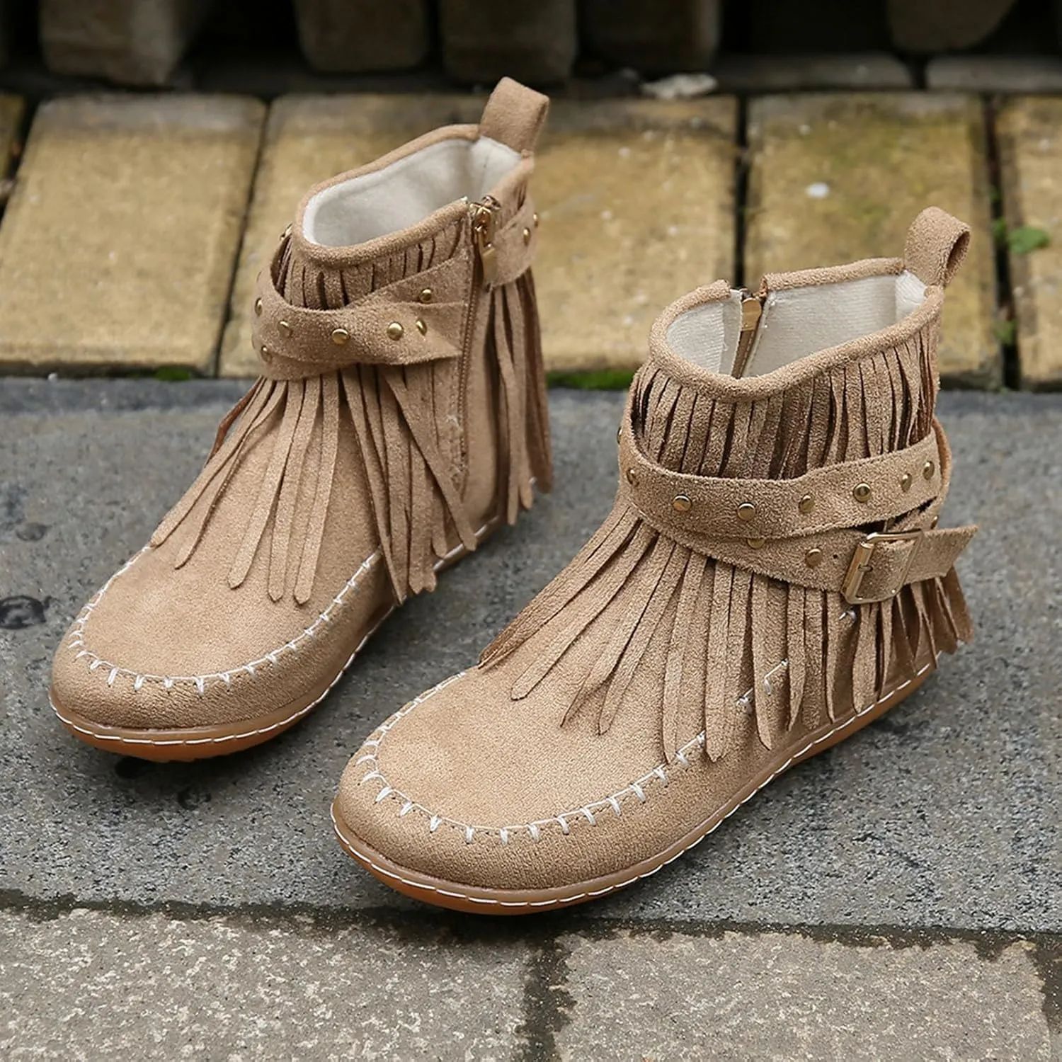 Fringe Boots Women Ankle Cowboy Boots Suede Flat Tassel Boots Side Zipper Moccasin Boots Short Western Boots