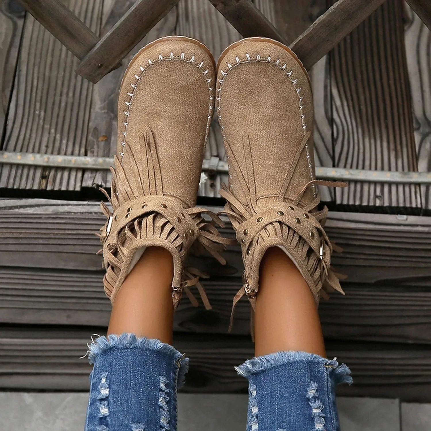 Fringe Boots Women Ankle Cowboy Boots Suede Flat Tassel Boots Side Zipper Moccasin Boots Short Western Boots