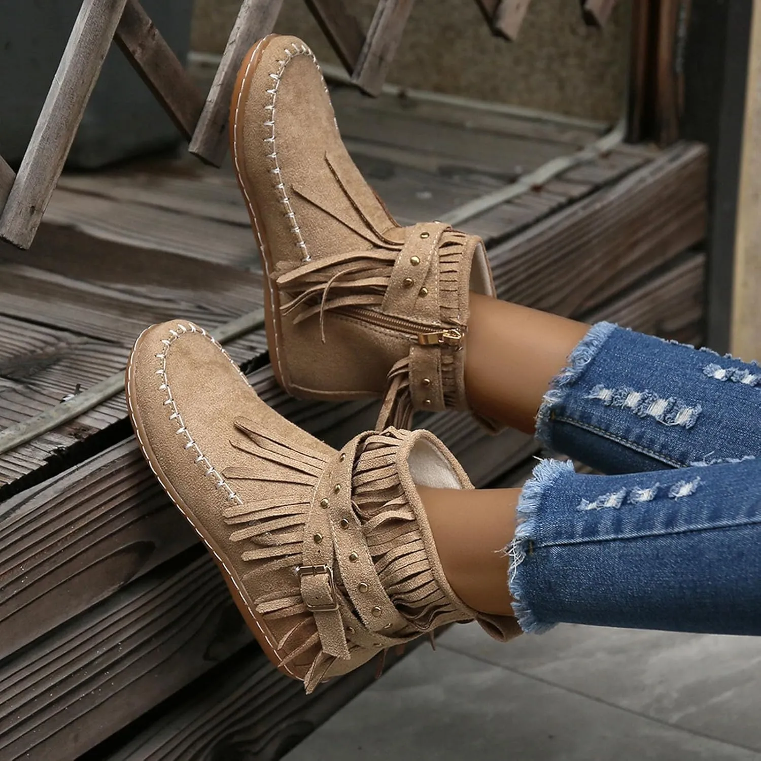 Fringe Boots Women Ankle Cowboy Boots Suede Flat Tassel Boots Side Zipper Moccasin Boots Short Western Boots