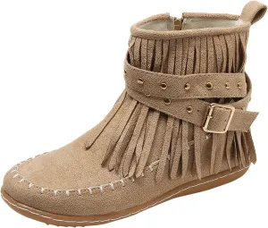 Fringe Boots Women Ankle Cowboy Boots Suede Flat Tassel Boots Side Zipper Moccasin Boots Short Western Boots