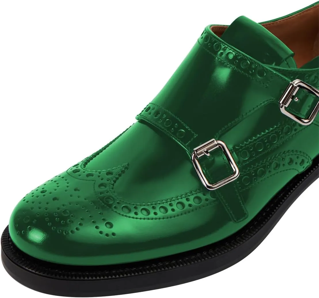 FSJ Women's Oxfords Round Toe Monk Strap Double Buckle Chunky Low Heel Pumps Comfortable Wingtip Formal Office Business Loafers Shoes Size 4-16 US