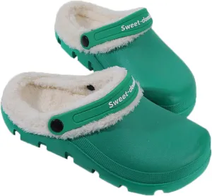 Garden Clogs Fuzzy for House : Women Men Warm Fur Lined Slippers for Winter Unisex Non-Slip Mules for Indoor Outdoor Green