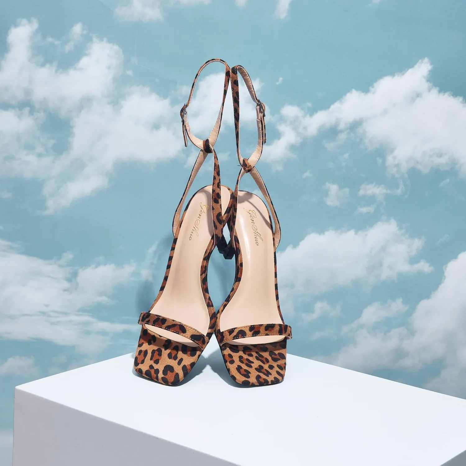 GENSHUO Square Open Toe Ankle Strap Heels Sexy Strappy Women Stiletto Heeled Sandals