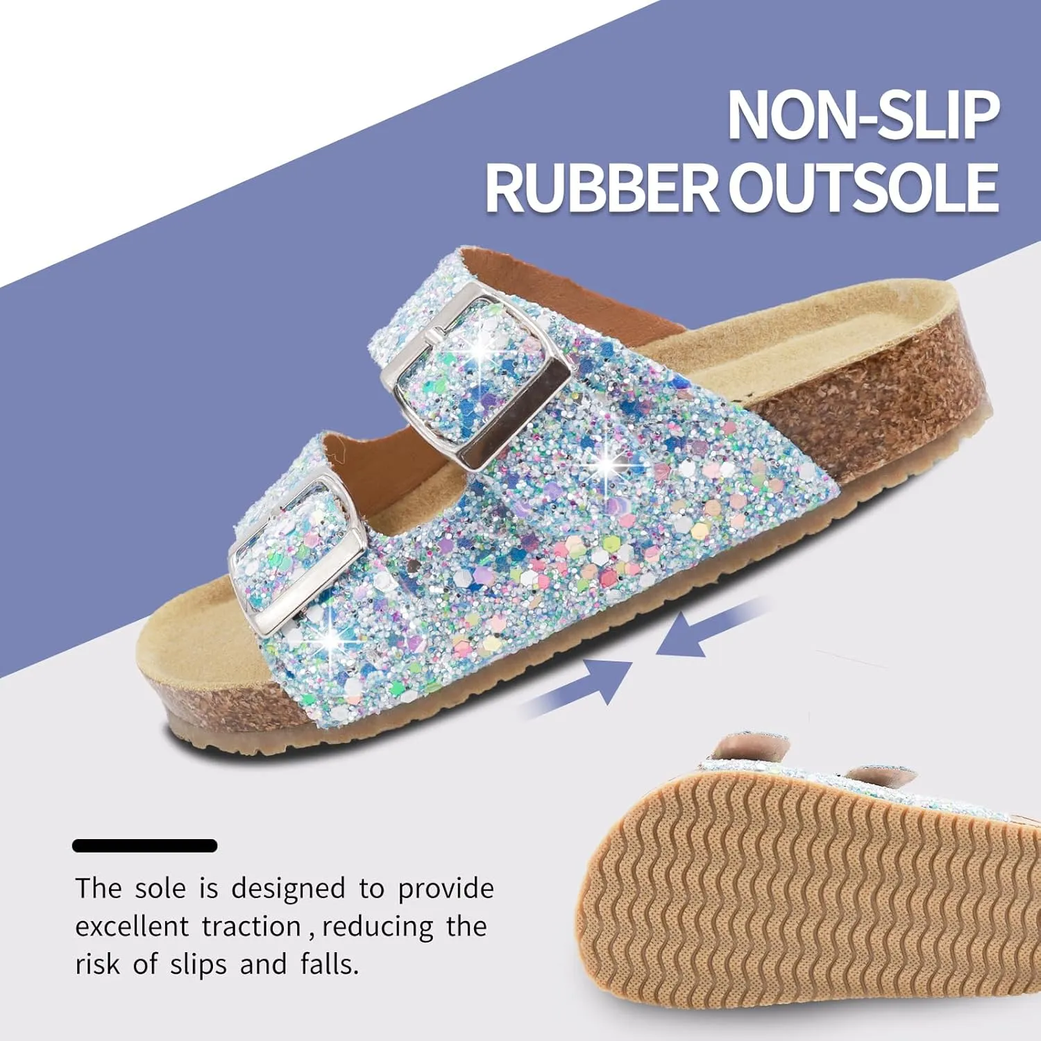 Girls Cork Footbed Slides Sandals Toddler Glitter Summer Non-slip Adjustable Double Buckle Sandals Kid Open Toes Casual Flat Slippers