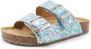 Girls Cork Footbed Slides Sandals Toddler Glitter Summer Non-slip Adjustable Double Buckle Sandals Kid Open Toes Casual Flat Slippers