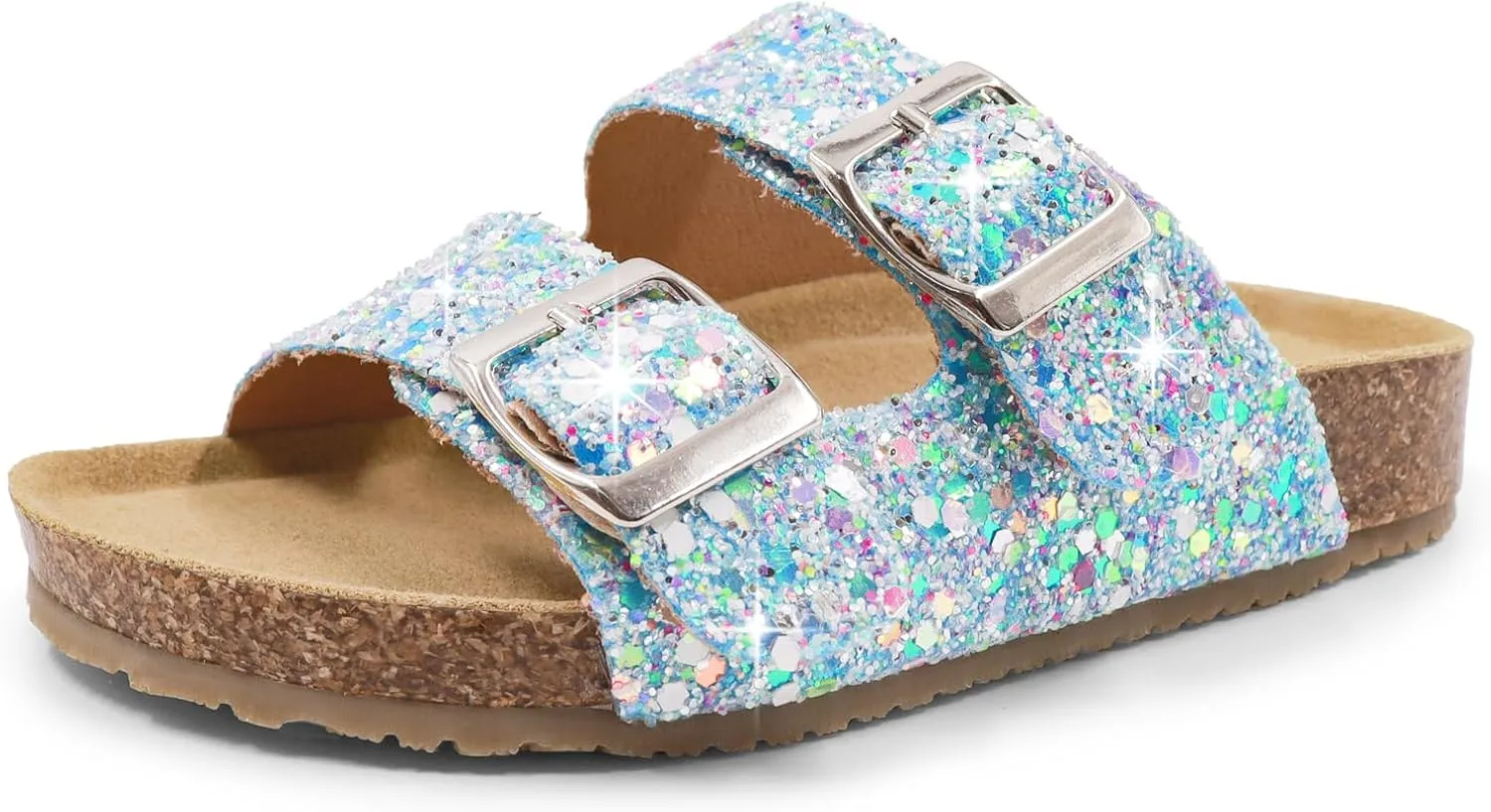 Girls Cork Footbed Slides Sandals Toddler Glitter Summer Non-slip Adjustable Double Buckle Sandals Kid Open Toes Casual Flat Slippers