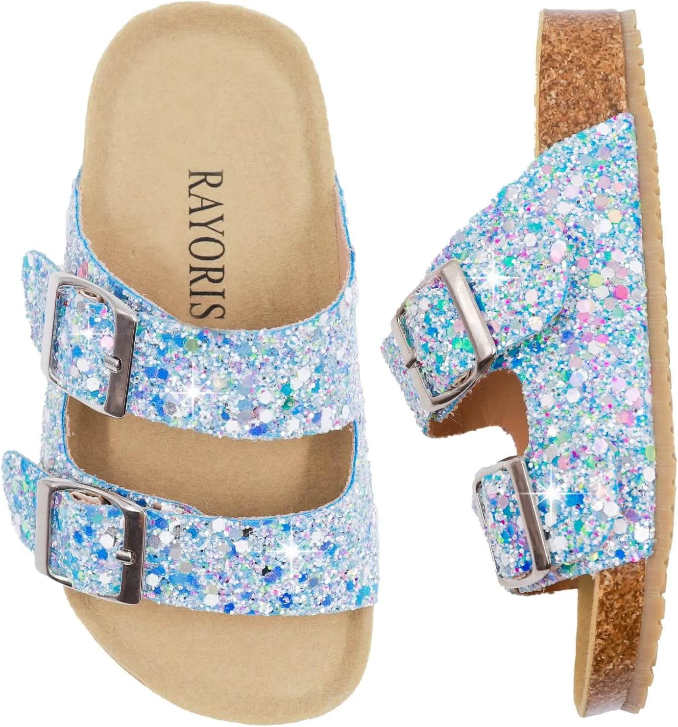 Girls Cork Footbed Slides Sandals Toddler Glitter Summer Non-slip Adjustable Double Buckle Sandals Kid Open Toes Casual Flat Slippers