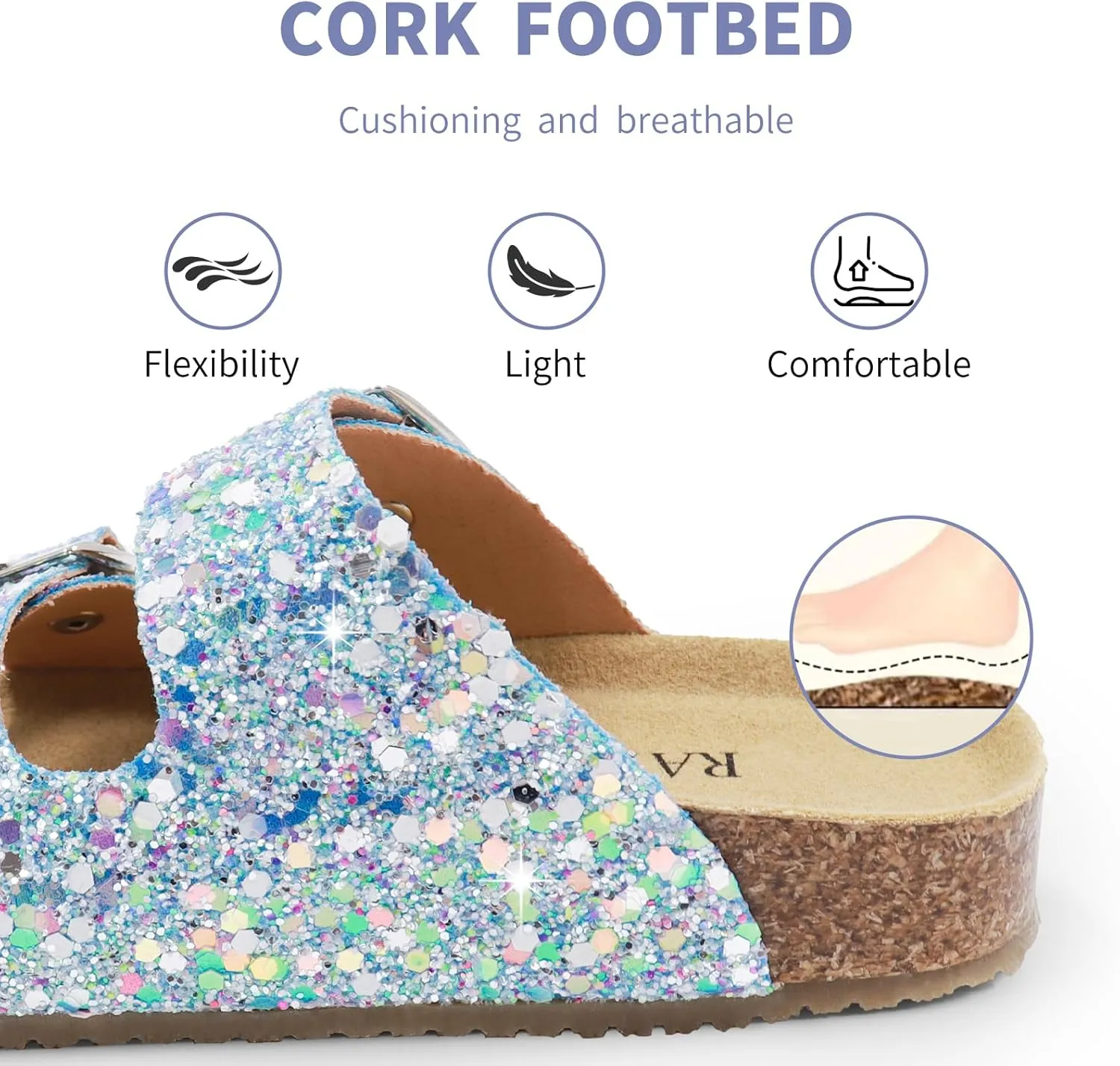 Girls Cork Footbed Slides Sandals Toddler Glitter Summer Non-slip Adjustable Double Buckle Sandals Kid Open Toes Casual Flat Slippers