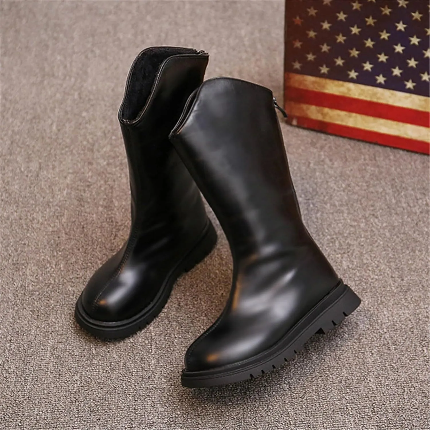Girls Kids Leather 𝗟ow Heel Long Boots 𝐖aterproof Soft Rubber Sole Dress Dance Non Slip Shoes Booties Zipper Fashion