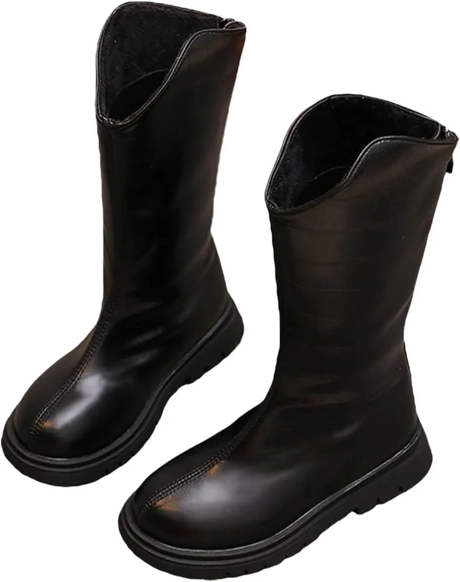 Girls Kids Leather 𝗟ow Heel Long Boots 𝐖aterproof Soft Rubber Sole Dress Dance Non Slip Shoes Booties Zipper Fashion