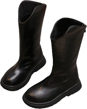 Girls Kids Leather 𝗟ow Heel Long Boots 𝐖aterproof Soft Rubber Sole Dress Dance Non Slip Shoes Booties Zipper Fashion