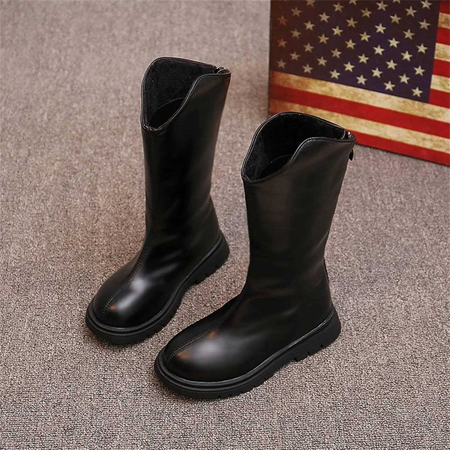 Girls Kids Leather 𝗟ow Heel Long Boots 𝐖aterproof Soft Rubber Sole Dress Dance Non Slip Shoes Booties Zipper Fashion
