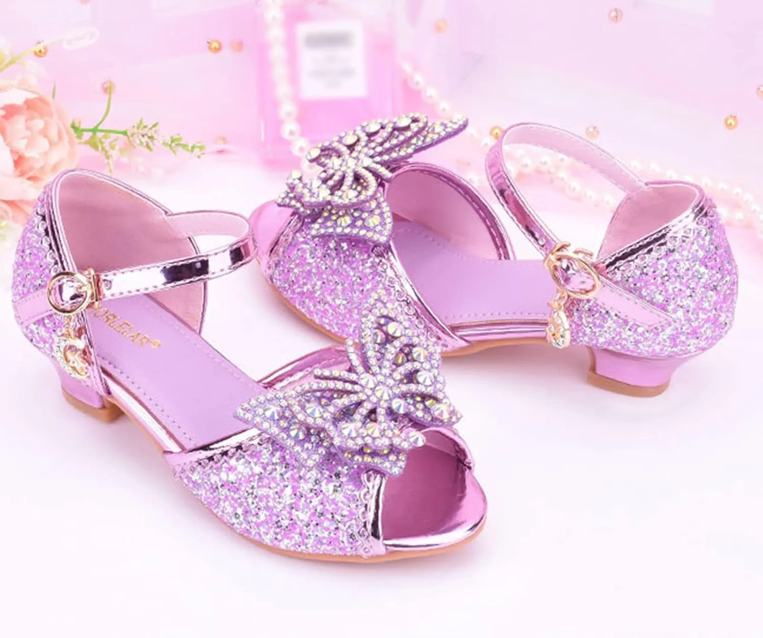 Girls Kids Sequins Pearl Bow Sandals High Heels Ankle Closed Toe Summer Princess Shoes Slip On Comfy Dress Dance Loafers